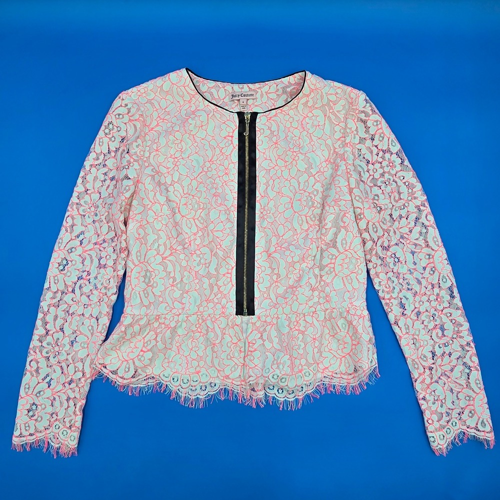 Juicy Couture Lace Peplum Top Neon Pink White Zip Front Floral Size 4‎ JG009200
